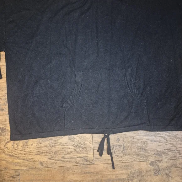 Black Knit Pull Over Sweater Drawstring Front Pocket 3/4 Sleeve Crew Neck Plus 3 - Picture 2 of 11
